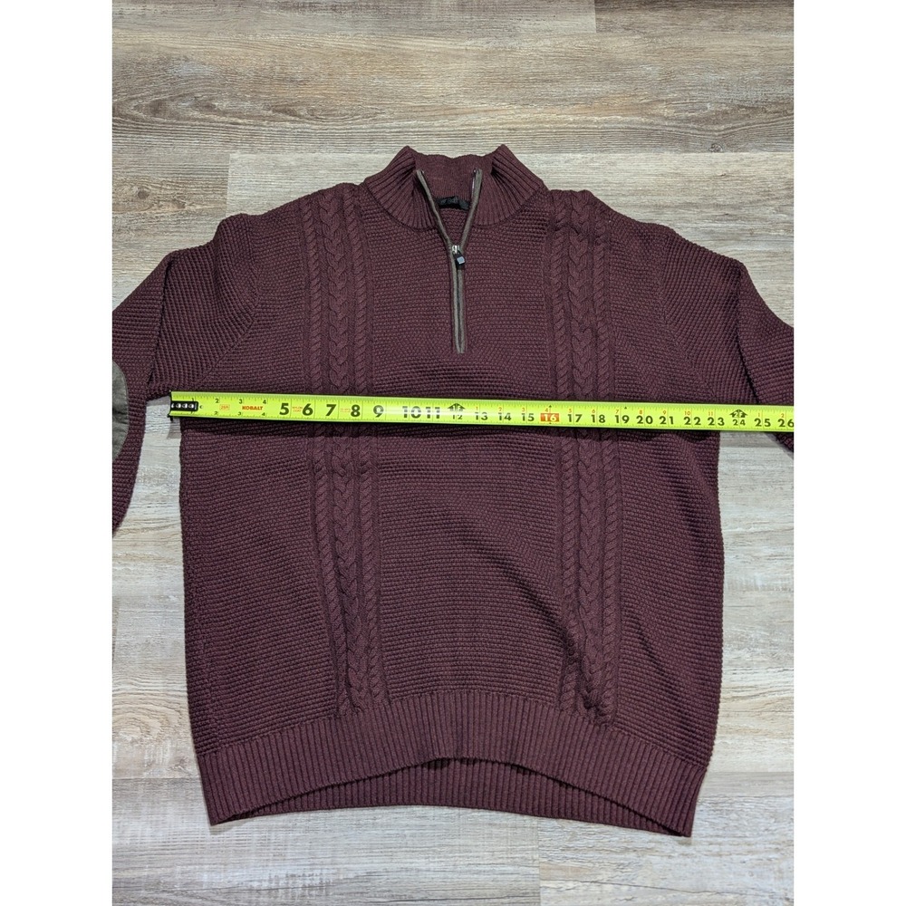 Raffi Burgundy Cable Knit Quarter Zip Sweater Mens Size XL Suede Elbow Patches - Picture 12 of 13